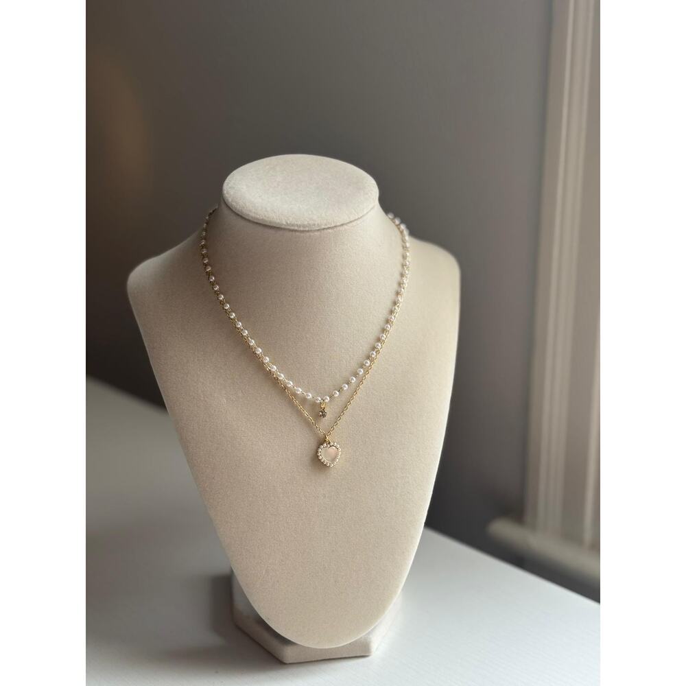 Layered Pearl Necklace Gold Heart Pendant Dainty Elegant Jewelry Gift - Picture 3 of 7